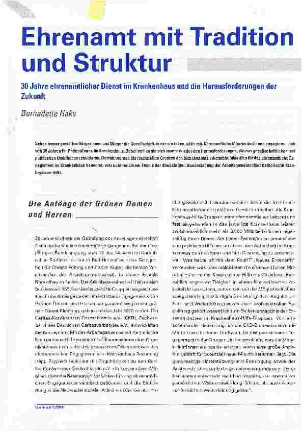 Vorschauseite 1: Ehrenamt mit Tradition und Struktur 30 Jahre ehrenamtlicher Dienst im Krankenhaus und die Herausforderungen der Zukunft