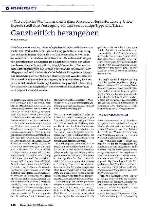 Vorschauseite 1: Onkologische Wunden sind eine ganz besondere Herausforderung. Unser Experte stellt ihre Versorgung vor und verrät einige Tipps und Tricks. Ganzheitlich herangehen