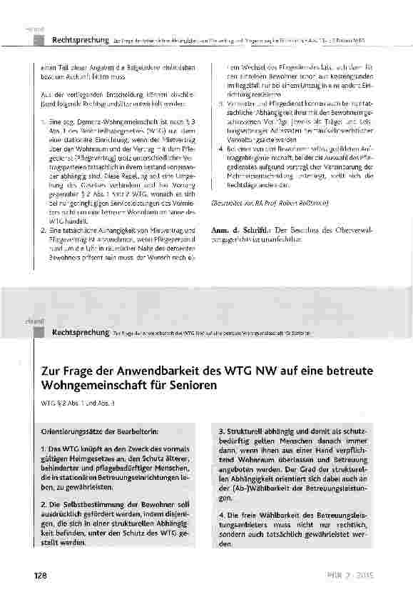 Vorschauseite 1: Zur Frage der Anwendbarkeit des WTG NW auf eine betreute Wohngemeinschaft für SeniorenWTG § 2 Abs. 1 und Abs. 3