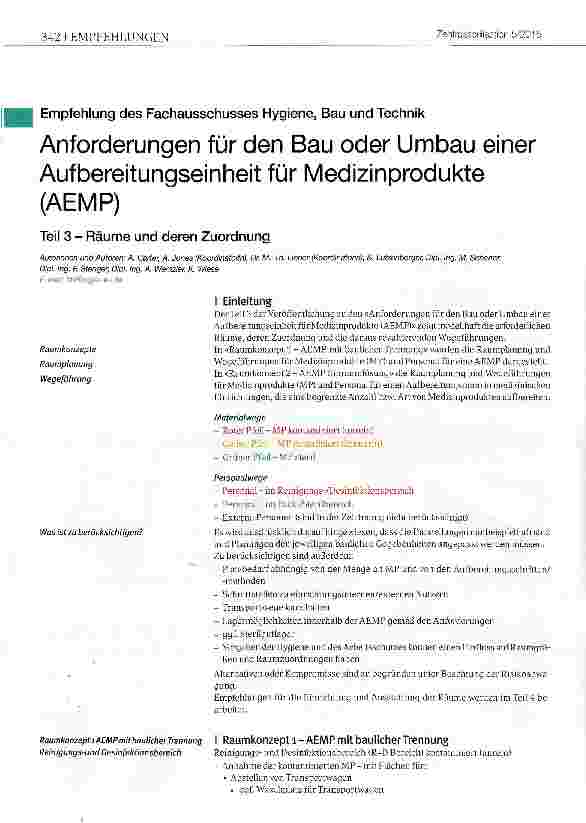 Vorschauseite 1: Anforderungen für den Bau oder Umbau einer Aufbereitungseinheit für Medizinprodukte (AEMP) Teil 3 - Räume und deren Zuordnung