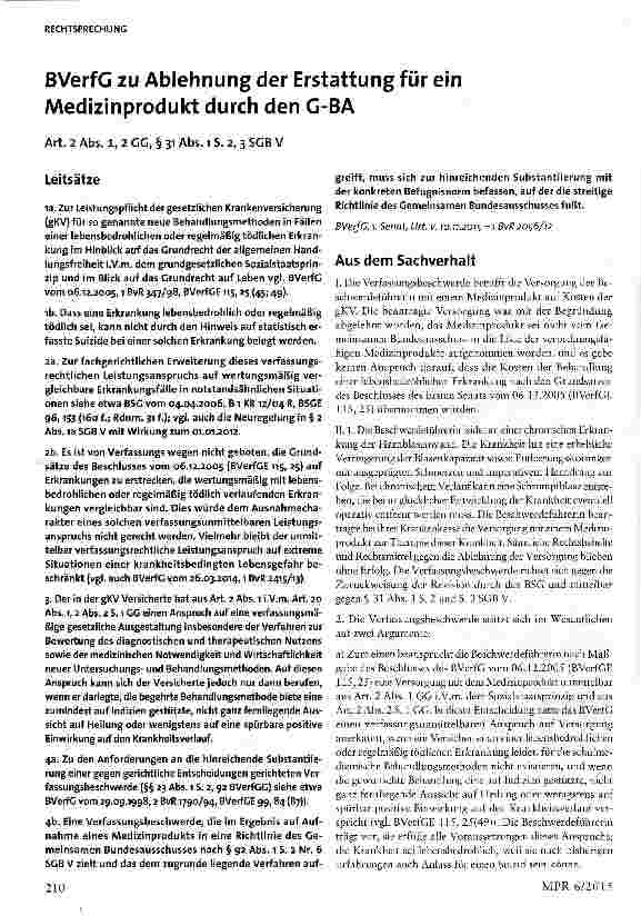 Vorschauseite 1: BVerfG zu Ablehnung der Erstattung für ein Medizinprodukt durch den G-BA