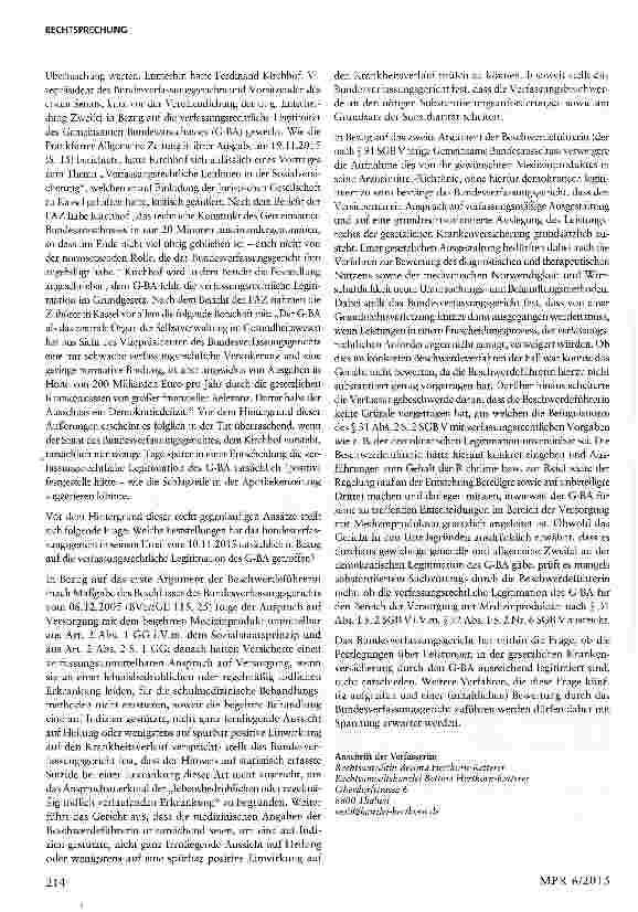 Vorschauseite 5: BVerfG zu Ablehnung der Erstattung für ein Medizinprodukt durch den G-BA