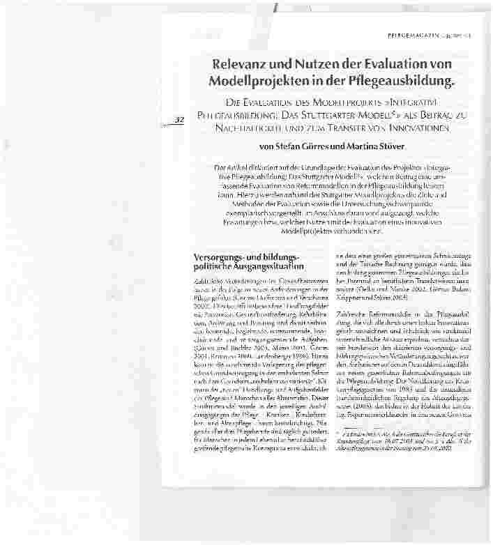 Vorschauseite 1: Relevanz und Nutzen der Evaluation von Modellprojekten in der PflegeausbildungDIE EVALUATION DES MODELLPROJEKTS INTEGRATIVEPFLEGEAUSBILDUNG: DAS STUTTGARTER MODELL® ALS BEITRAG ZU…