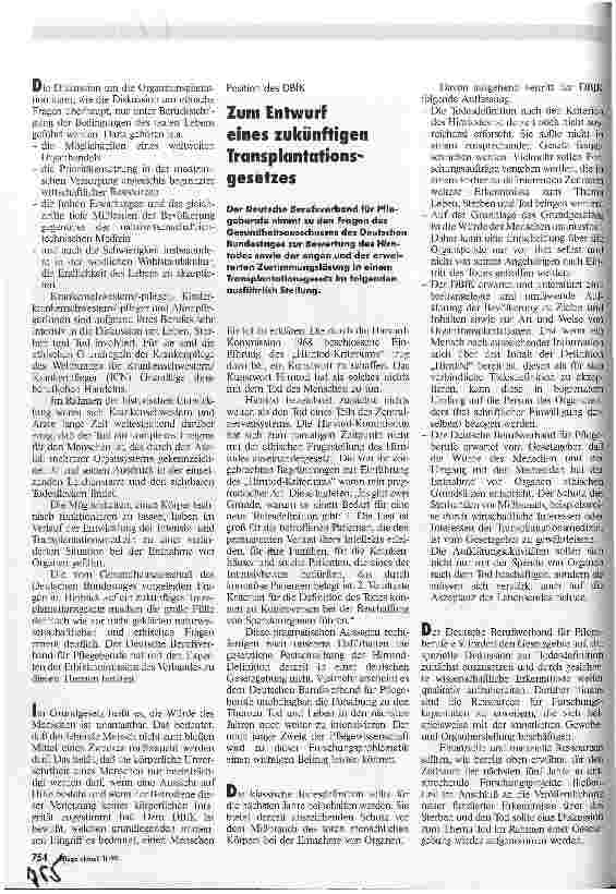 Vorschauseite 1: Zum Entwurf eines zukünftigen Transplantationsgesetzes Position des DBfK
