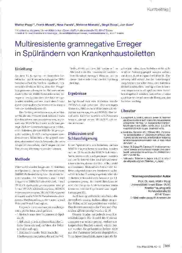 Vorschauseite 1: Multiresistente gramnegative Erreger in Spülrändern von Krankenhaustoiletten