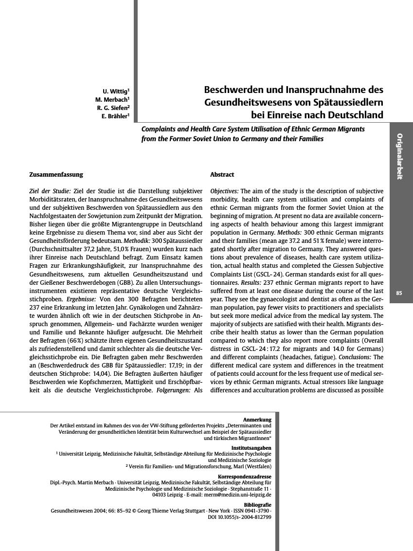 Vorschauseite 1: Beschwerden und Inanspruchnahme des Gesundheitswesens von Spätaussiedlern bei Einreise nach Deutschland