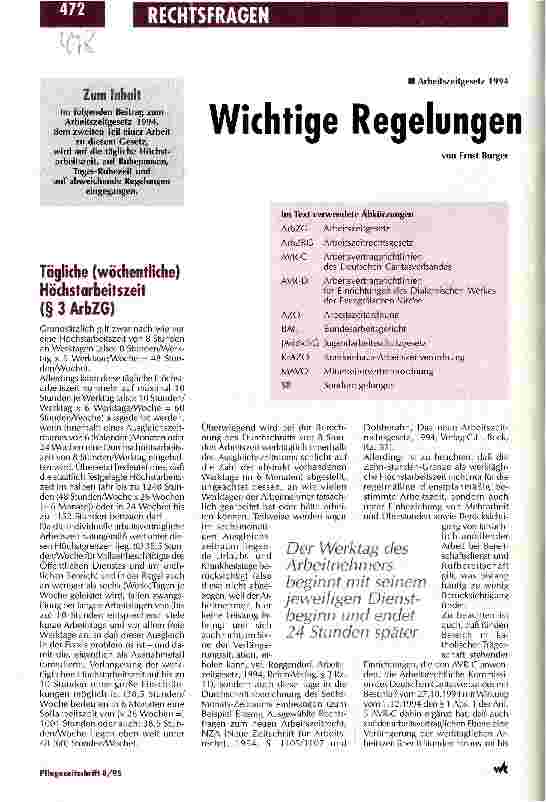 Vorschauseite 1: Wichtige Regelungen für den Krankenhausbereich Arbeitszeitgesetz 1994