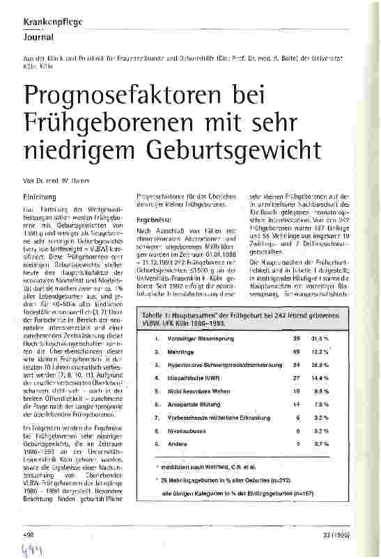 Vorschauseite 1: Prognosefaktoren bei Frühgeborenen mit sehr niedrigem Geburtsgewicht