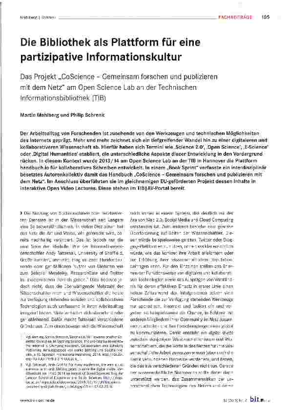 Vorschauseite 1: Die Bibliothek als Plattform für eine partizipative Informationskultur