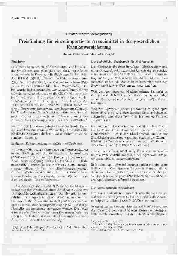 Vorschauseite 1: Preisfindung für einzelimportierte Arzneimittel in der gesetzlichenKrankenversicherung