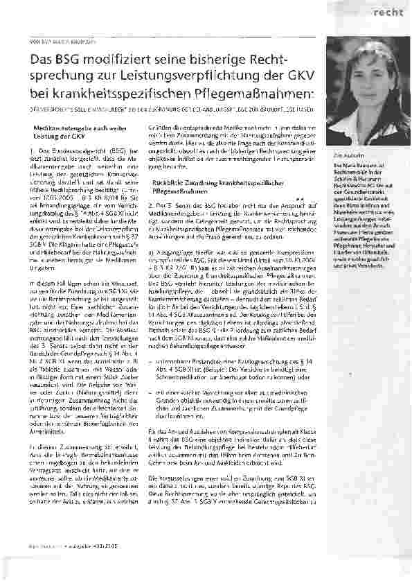 Vorschauseite 1: Das BSG modifiziert seine bisherige Rechtsprechung zur Leistungsverpflichtung der GKVbei krankheitsspezifischen Pflegemaßnahmen: