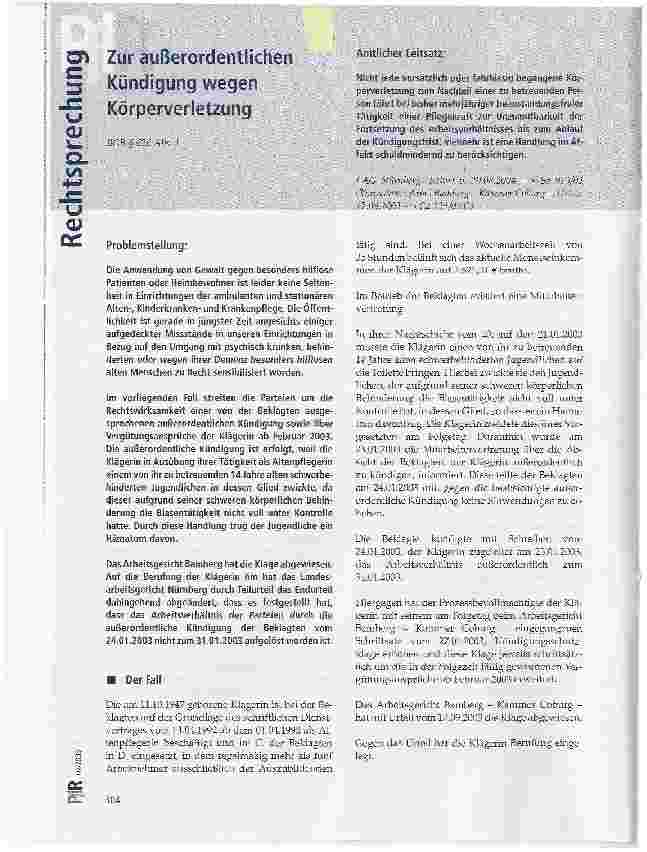 Vorschauseite 1: Zur außerordentlichen Kündigung wegen Körperverletzung