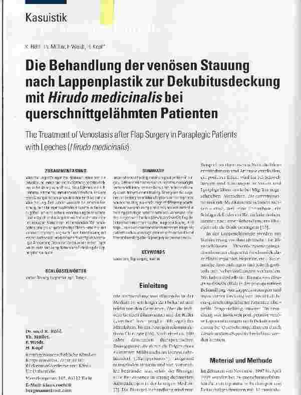 Vorschauseite 1: Die Behandlung der venösen Stauung nach Lappenplastik zur Dekubitusdeckung mit Hiruclo medicinalis bei querschnittgelähmten Patienten