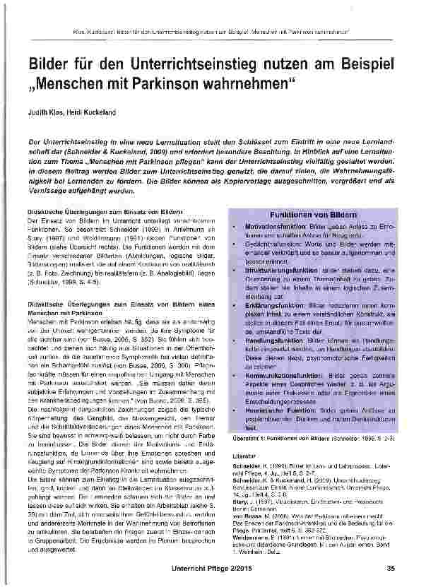 Vorschauseite 1: Bilder für den Unterrichtseinstieg nutzen am Beispiel „Menschen mit Parkinson wahrnehmen
