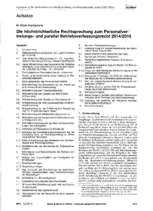 Vorschauseite 1: Die höchstrichterliche Rechtsprechung zum Personalvertretungsund parallel Betriebsverfassungsrecht 2014/2015