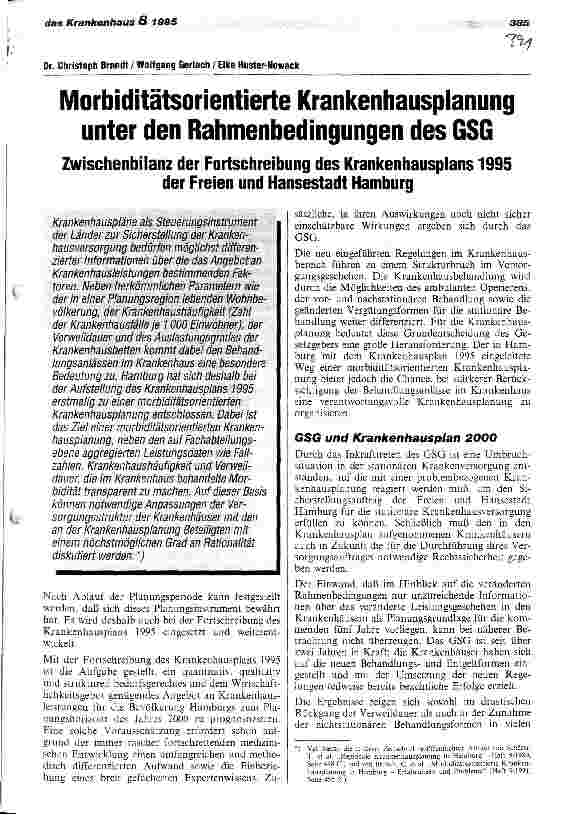 Vorschauseite 1: Morbiditätsorientierte Krankenhausplanung unter den Rahmenbedingungen des GSG Zwischenbilanz der Fortschreibung des Krankenhausplans 1995 der Freien und Hansestadt Hamburg