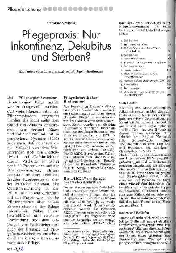 Vorschauseite 1: Pflegepraxis: Nur Inkontinenz, Dekubitus und Sterben? Ergebnisse iener Literaturanalyse in Pflegefachzeitschriften