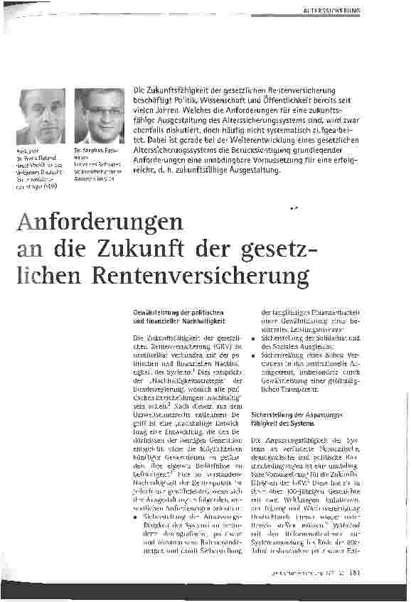 Vorschauseite 1: Anforderungen an die Zukunft der gesetzlichen Rentenversicherung