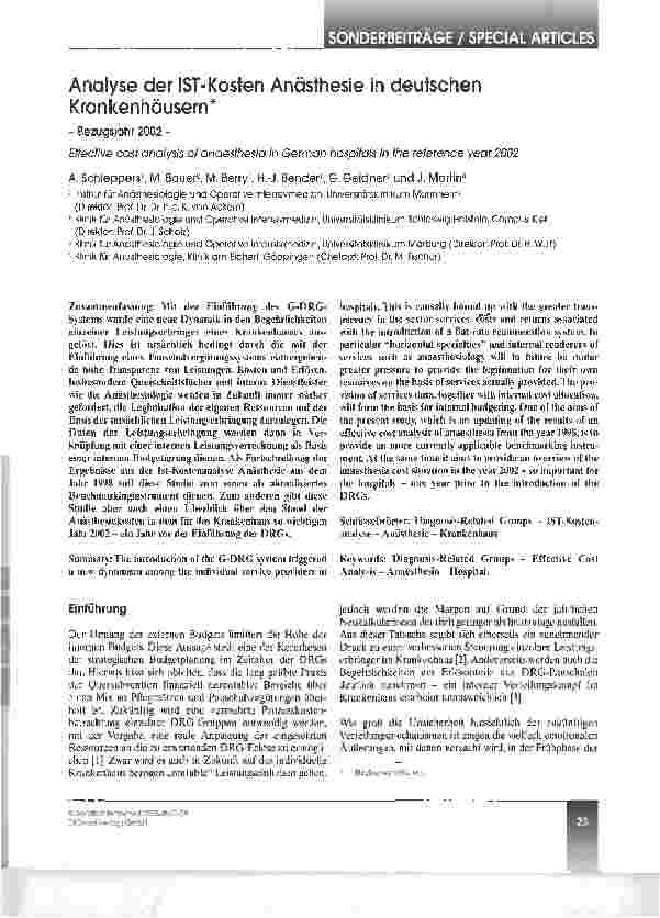 Vorschauseite 1: Analyse der IST-Kosten Anästhesie in deutschen Krankenhäusern*- Bezugsjahr 2002 -