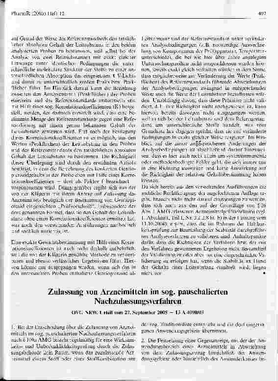 Vorschauseite 1: Zulassung von Arzneimitteln im sog. pauschalierten Nachzulassungsverfahren
