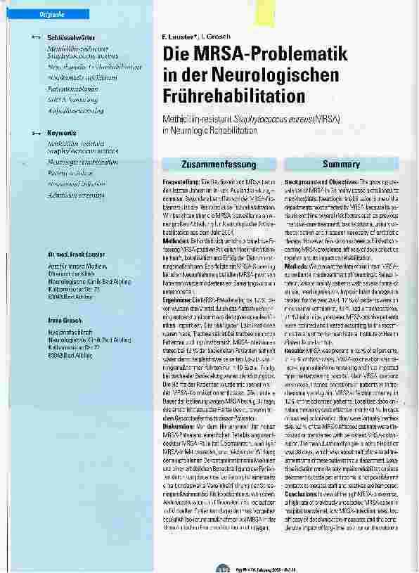 Vorschauseite 1: Die MRSA-Problematik in der Neurologischen Frührehabilitation