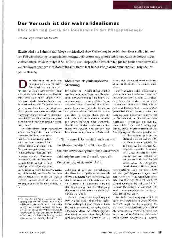Vorschauseite 1: Der Versuch ist der wahre Idealismus Über Sinn und Zweck des Idealismus in der Pfiegepädagogik