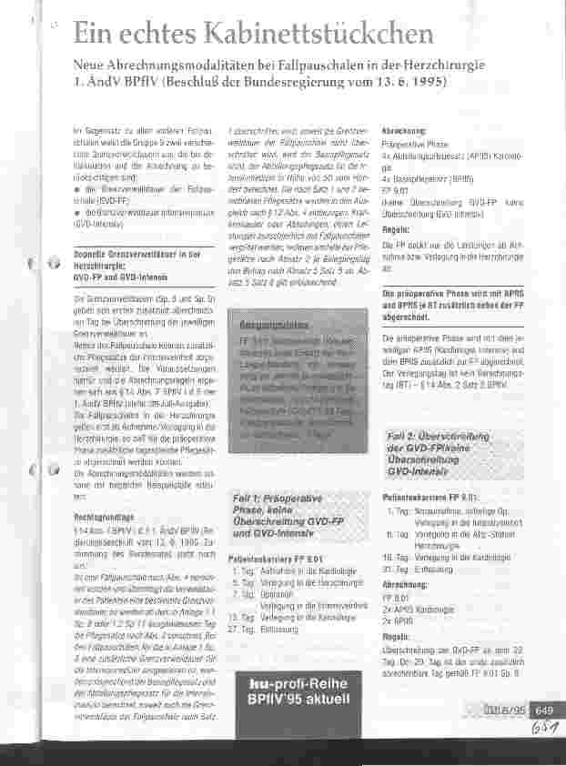 Vorschauseite 1: Ein echtes Kabinettstückchen Neue Abrechnngsmodalitäten bei Fallpauschalen in der Herzchirurgie 1. ÄndV BPflV (Beschluß der Bundesregierung von 13. 6. 1995)