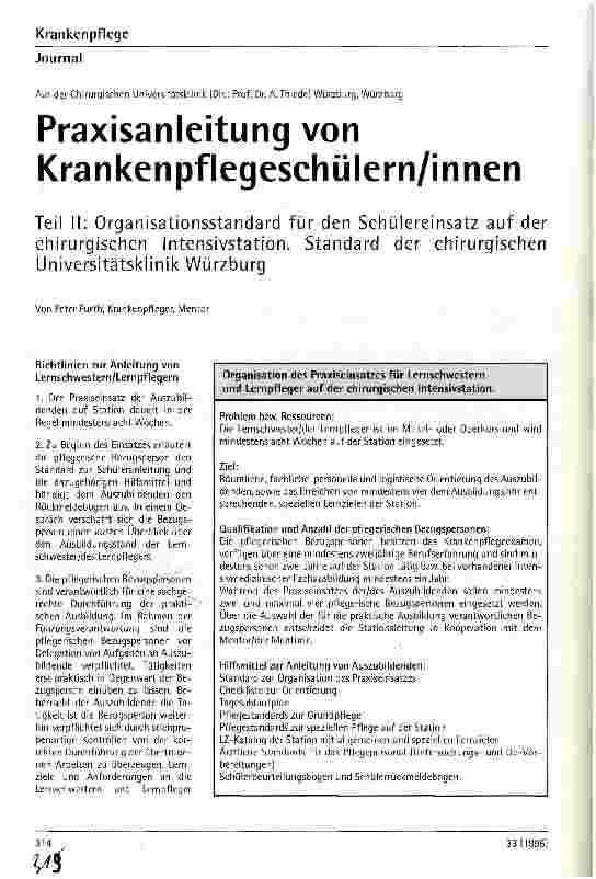 Vorschauseite 1: Praxisanleitung von KrankenpflegeschülerInnen Teil 2: Organisationsstandard für den Schülereinsatz auf der chirurgischen Intensivstation. Standard der chirurgischen Universitätskl…