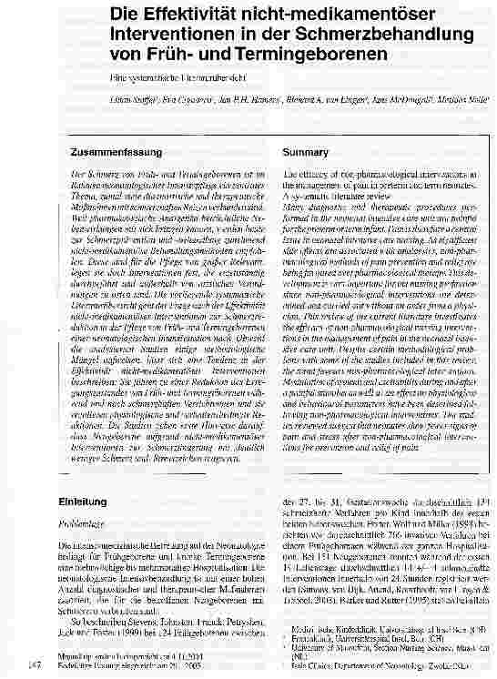 Vorschauseite 1: Die Effektivität nicht-medikamentöser Interventionen in der Schmerzbehandlung von Frühund Termingeborenen