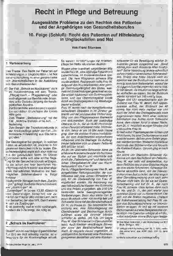 Vorschauseite 1: Recht in Pflege und Betreuung 10.Folge (Schluß): Recht des Patienten auf Hilfeleistung in Unglücksfällen und Not