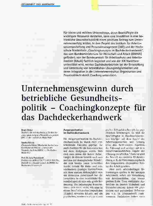 Vorschauseite 1: Unternehmensgewinn durch betriebliche Gesundheitspolitik - Coachingkonzepte für das Dachdeckerhandwerk