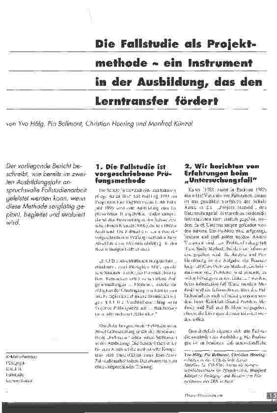 Vorschauseite 1: Die Fallstudie als Projektmethode - ein Instrument in der Ausbildung, das den Lerntransfer fördert