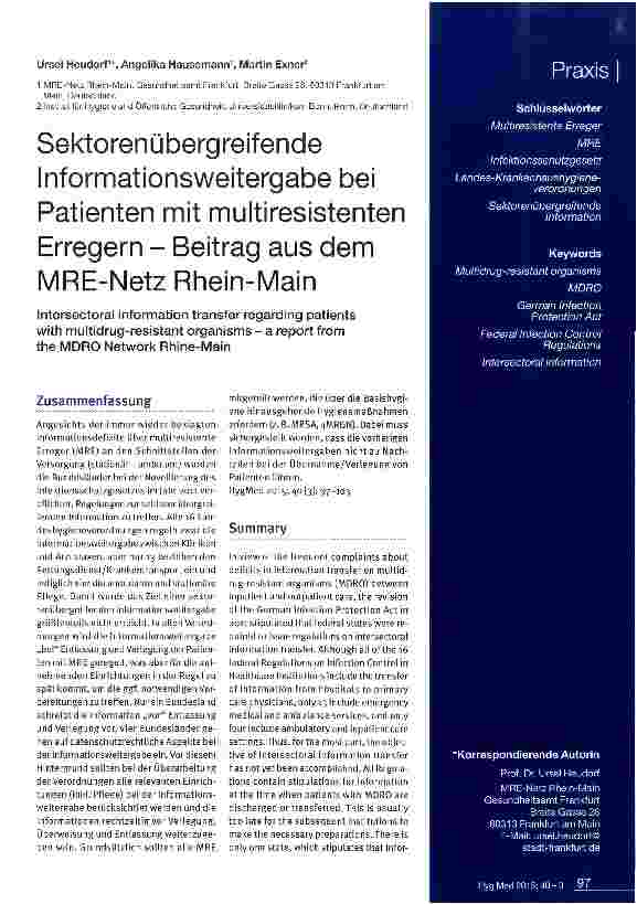 Vorschauseite 1: Sektorenübergreifende Informationsweitergabe bei Patienten mit multiresistenten Erregern - Beitrag aus dem MRE-Netz Rhein-Main