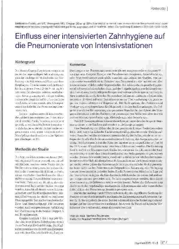 Vorschauseite 1: Einfluss einer intensivierten Zahnhygiene auf die Pneumonierate von Intensivstationen