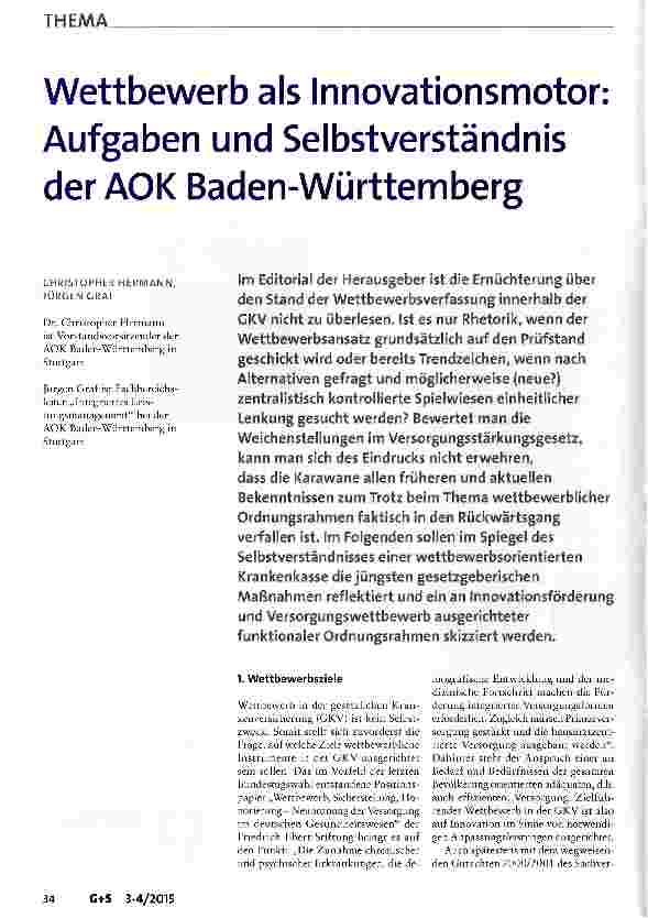 Vorschauseite 1: Wettbewerb als Innovationsmotor: Aufgaben und Selbstverständnis der AOK Baden-Württemberg