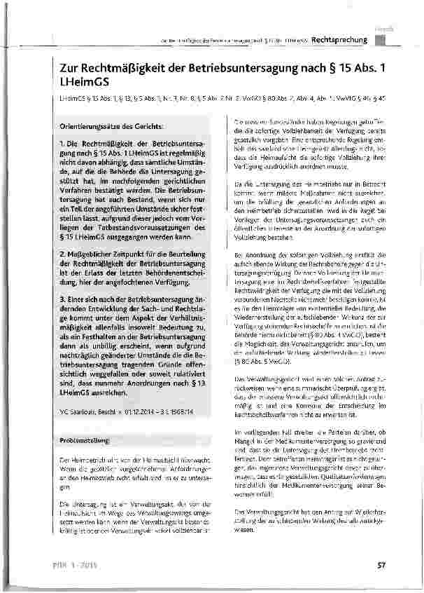 Vorschauseite 1: Zur Rechtmäßigkeit der Betriebsuntersagung nach § 15 Abs. 1 LHeimGS