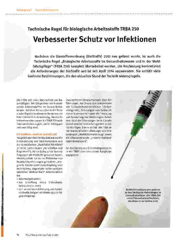 Vorschauseite 1: Technische Regel für biologische Arbeitsstoffe TRBA 250 Verbesserter Schutz vor Infektionen