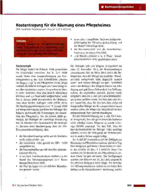 Vorschauseite 1: Kostentragung für die Räumung eines Pflegeheimes OVG Nordrhein-Westfalen vom 29.6.2015 (7 A 457/14)