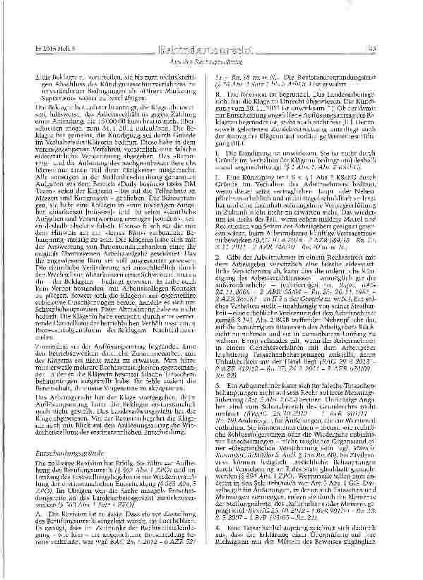 Vorschauseite 3: Ortendliche Kündigung wegen falscher eidesstattlicher Versicherung - Auflösungsantrag des Arbeitgebers