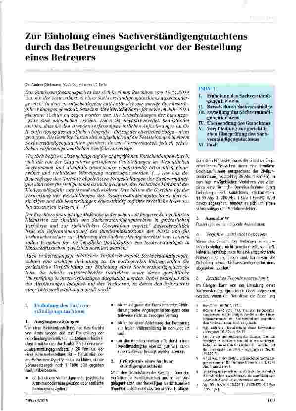 Vorschauseite 1: Zur Einholung eines Sachverständigengutachtens durch das Betreuungsgericht vor der Bestellung eines Betreuers