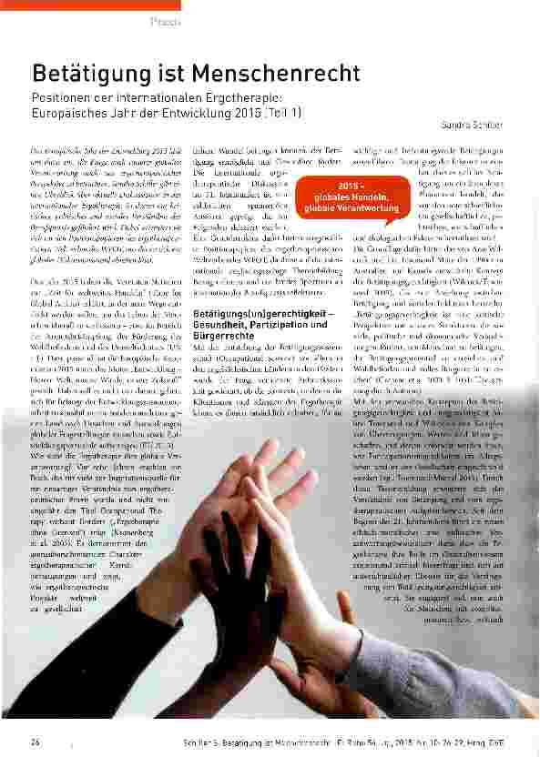 Vorschauseite 1: Betätigung ist Menschenrecht Positionen der internationalen Ergotherapie: Europäisches Jahr der Entwicklung 2015 (Teil 1)