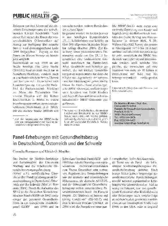 Vorschauseite 1: Panel-Erhebungen mit Gesundheitsbezug in Deutschland, Österreich und der Schweiz