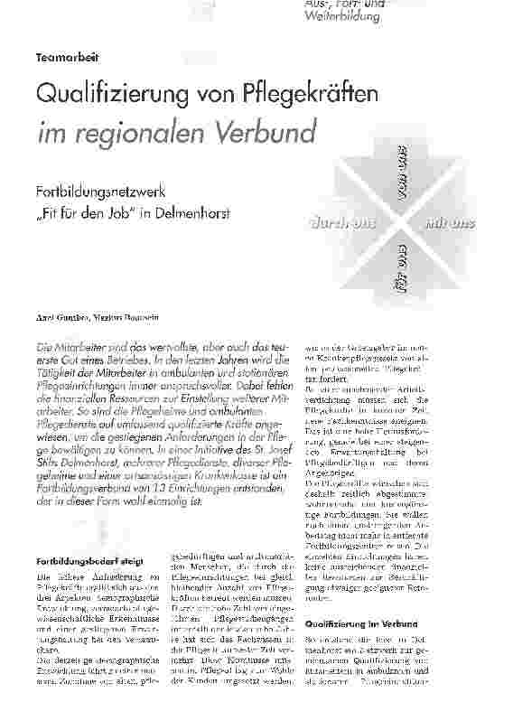 Vorschauseite 1: Qualifizierung von Pflegekräften im regionalen VerbundFortbildungsnetzwerk Fit für den Job in Delmenhorst