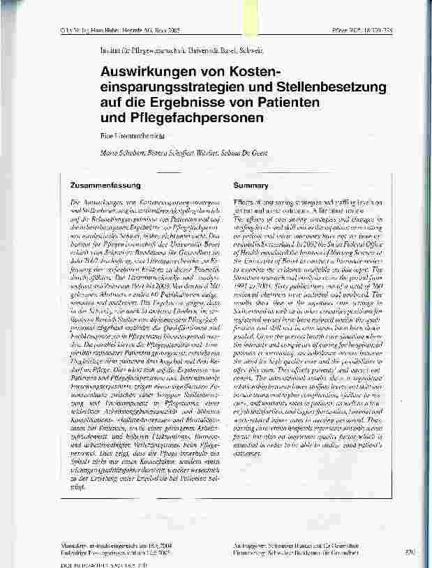 Vorschauseite 1: Auswirkungen von Kosteneinsparungsstrategien und Stellenbesetzung auf die Ergebnisse von Patienten und Pflegefachpersonen