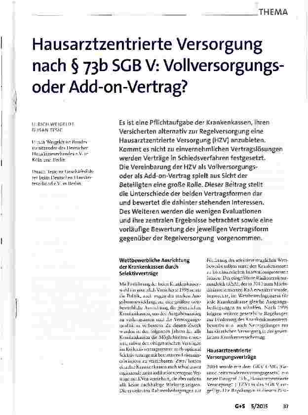 Vorschauseite 1: Hausarztzentrierte Versorgung nach § 73b SGB V: Vollversorgungs-oder Add-on-Vertrag?