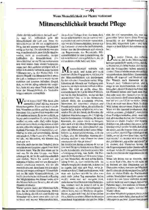 Vorschauseite 1: Mitmenschlichkeit braucht Pflege Wenn Menschlichkeit zur Phrase verkommt