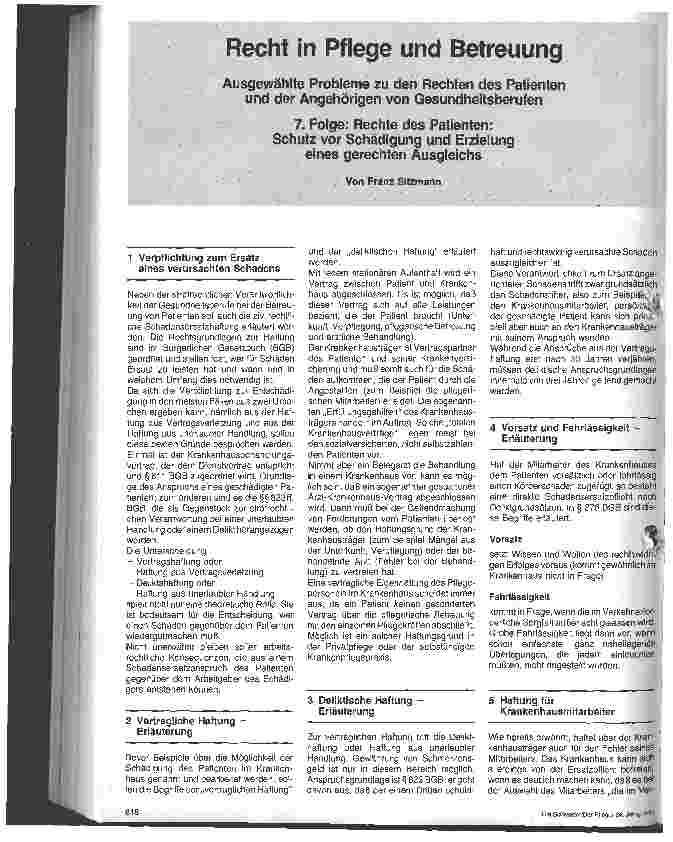 Vorschauseite 1: Recht in Pflege und Betreuung ; 7. Folge: Rechte des Patienten: Schutz vor Schädigung und Erzielung eines gerechten Ausgleichs