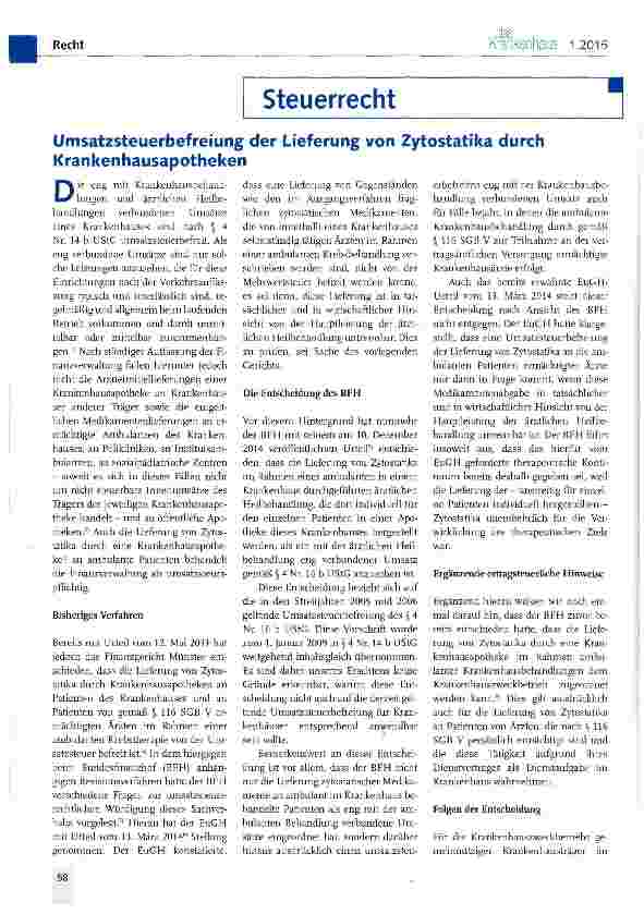 Vorschauseite 1: Umsatzsteuerbefreiung der Lieferung von Zytostatika durch Krankenhausapotheken