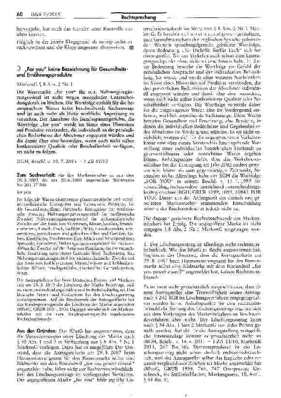 Vorschauseite 1: „For you keine Bezeichnung für Gesundheits-und Ernährungsprodukte MarkenG § 8 Abs. 2 Nr. 1