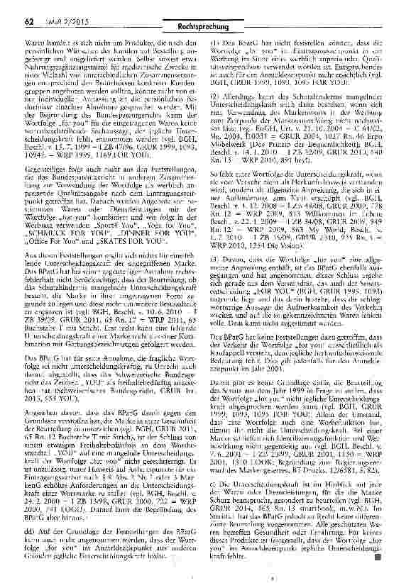 Vorschauseite 3: „For you keine Bezeichnung für Gesundheits-und Ernährungsprodukte MarkenG § 8 Abs. 2 Nr. 1